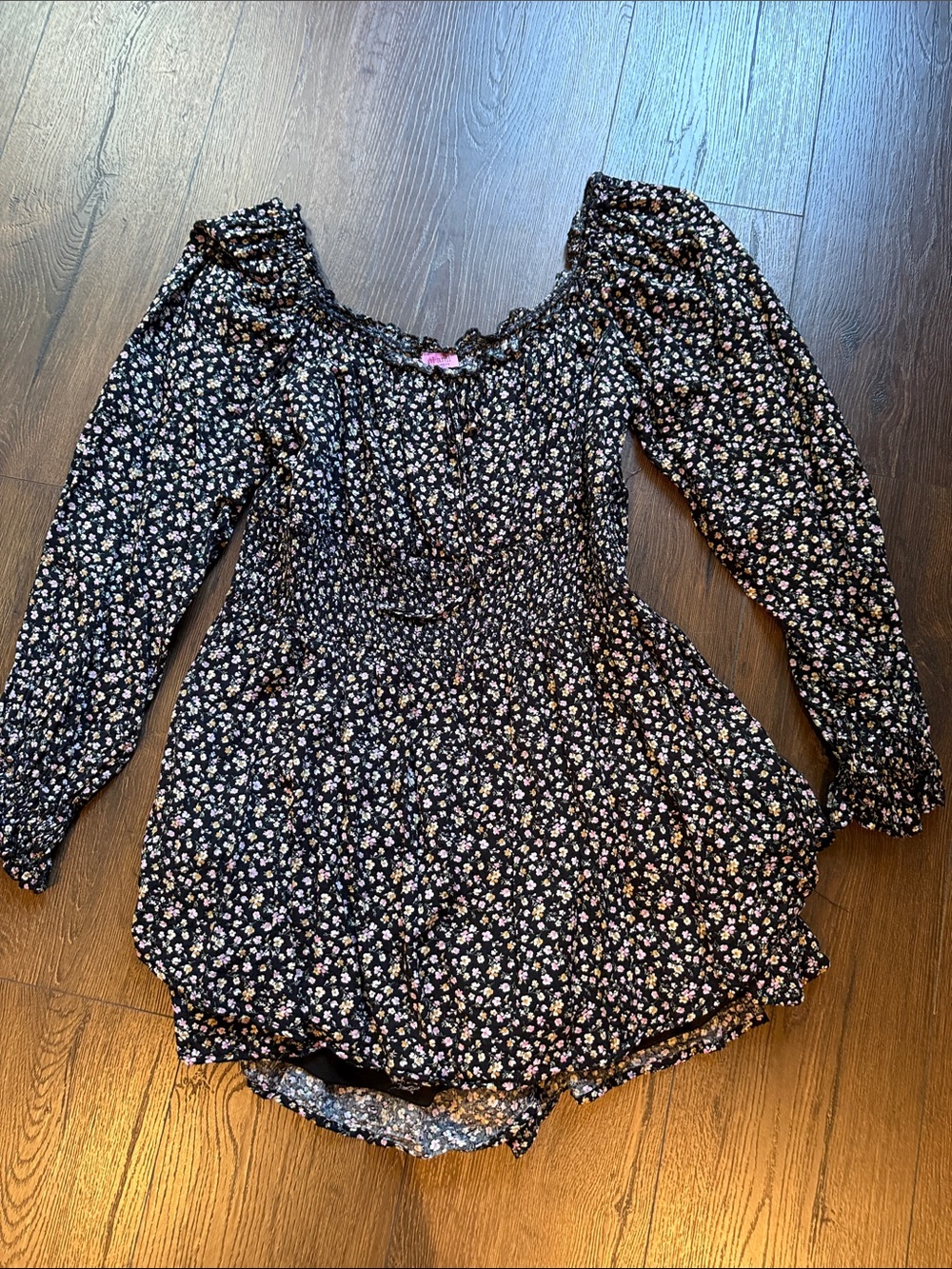Mi Ami Francesca's Collections Black Floral Smocked Peasant Romper